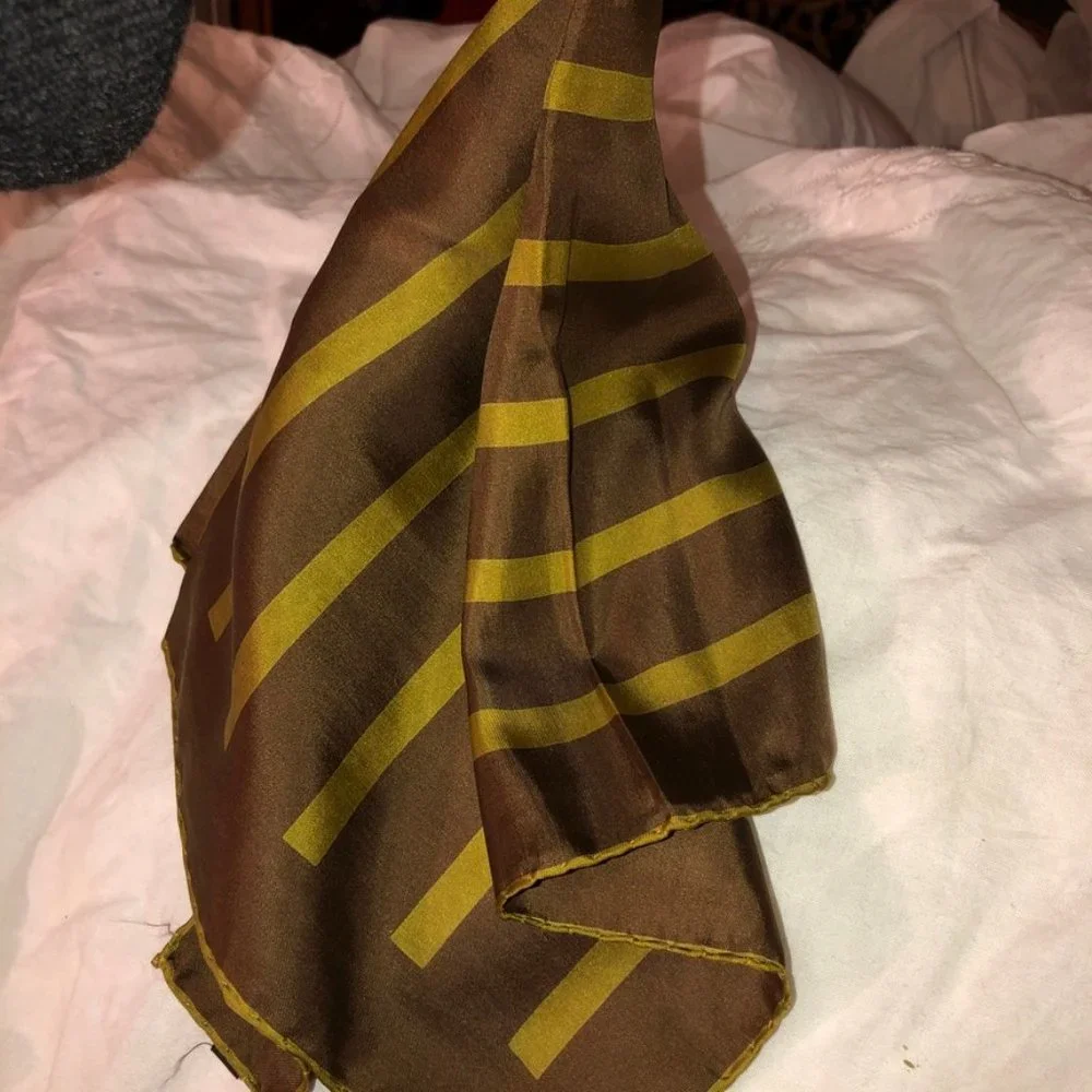Handcraft inc vintage brown olive striped 100% Italian SILK pocket sq